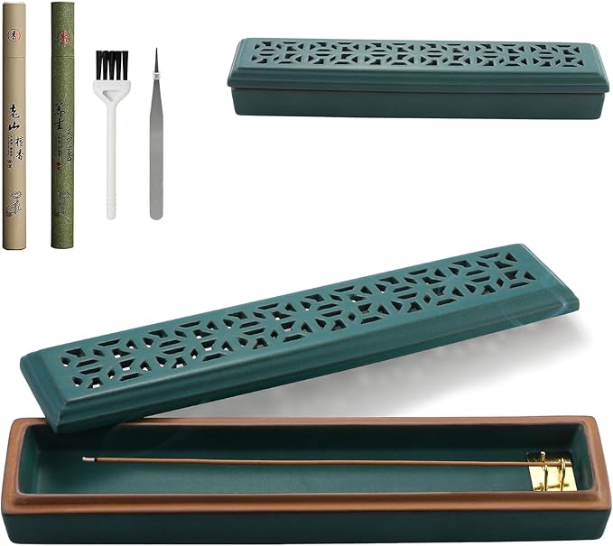 CEREMONY Incense Holder for Sticks, Ceramic Insence-Stick Holder Ash Catcher, Incense Holder Timkburner for Meditation Yoga Spa Room Incense Holder (Lever Green)