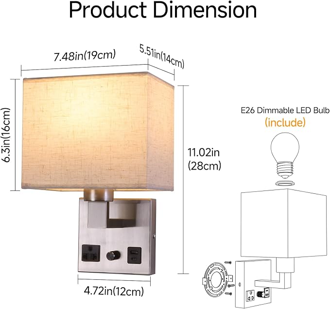 Bedside Wall Lamp for Bedroom, Plug in Wall Sconce - Dimmable Switch with AC Outlet & USB Charging Port, Fabric Shade, Black Wall Mounted Light for Living Room, Hotel (Satin Nickel)