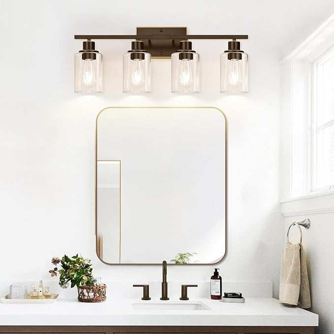 Indoi 4-Light Bathroom Light Fixtures, Oil-Rubbed Bronze Modern Vanity Lights with Clear Glass Shades, Bathroom Wall Lamp for Mirror Living Room Cabinet Bedroom Porch