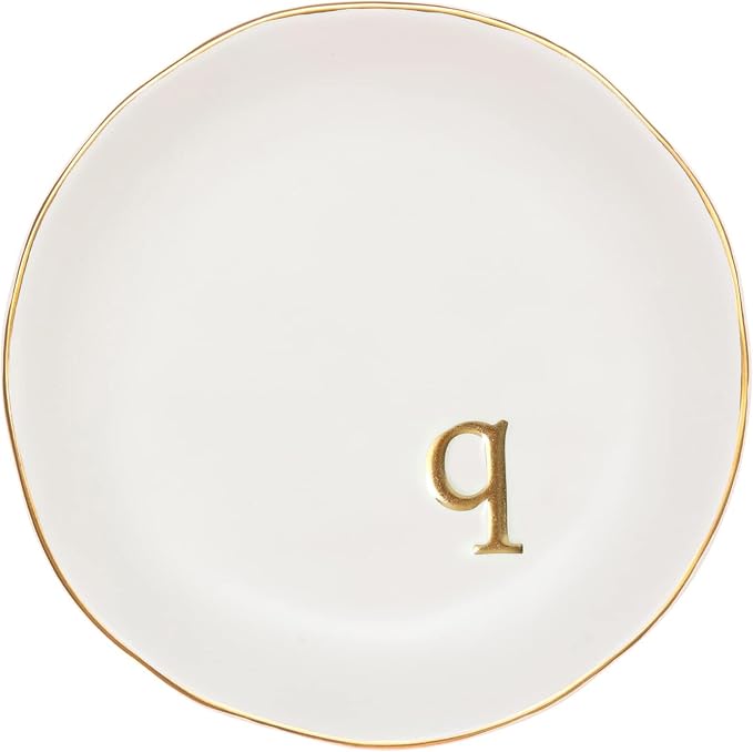 COLLECTIVE HOME Ceramic Jewelry Tray, Trinket Dish, Gifts for Women (Q) | Mother's Day, Birthday, Christmas, Engagement Gifts, Vanity, Nightstand Decor, Embossed Gold Monogram Ring Dish with Gift Box