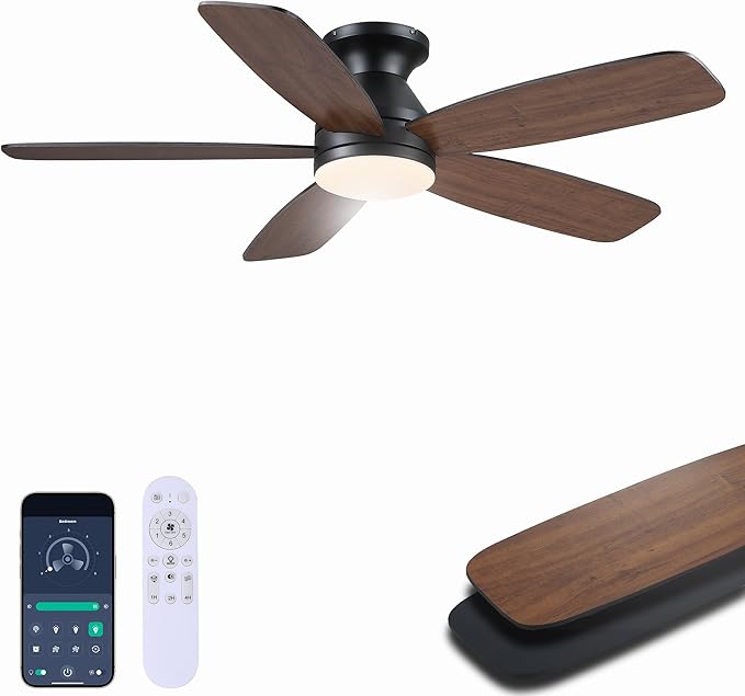 JSAITEE 48" Ceiling Fans with Lights Low Profile - Flush Mount Ceiling Fan with Light and Remote, 6 Wind Speeds Reversible, Quiet, 3CCT Dimmable, Fan Light for Modern Indoor, Bedroom, Kitchen, Brown