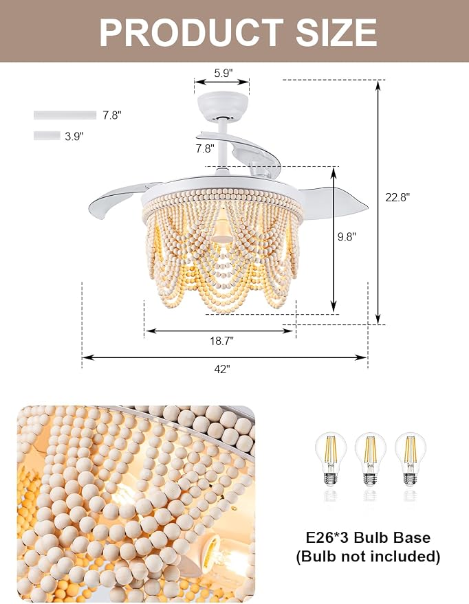 42 Inch Boho Ceiling Fan with Lights Retractable Chandelier Ceiling Fan Wood Beaded Coastal Chandelier for Bedroom Living Room White Fandelier 3 E26 Bulb, 6 Speeds Reversible Quiet DC Motor