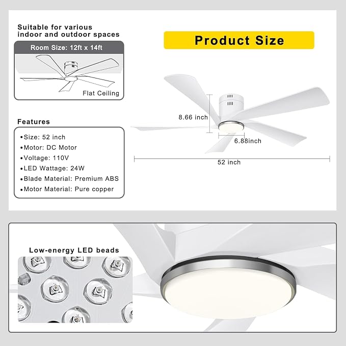 Ohniyou 52” Flush Mount Modern White Ceiling Fan with Lights | Remote/APP Control, Low Profile, 3CCT Dimmable LED, Quiet DC Motor, Reversible, Indoor & Covered Outdoor Overhead Fans