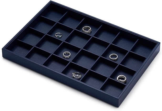 Oirlv Stackable Premium Leather Jewelry Trays 24 Grid Jewelry Organizer for Drawer Rings Earrings Holder Organizer | Blue Leather Exterior, Soft Microfiber Interior, 24 Grid Inserts, Elegant Blue Color, Versatile Jewelry Organizer