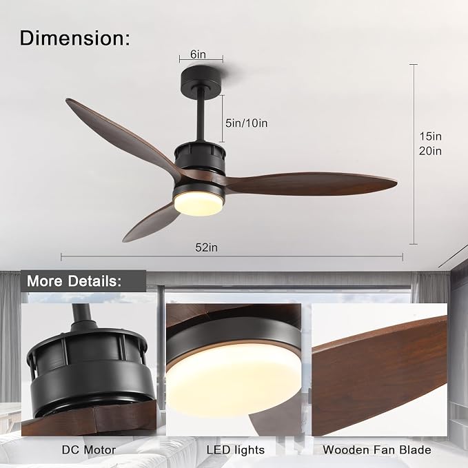 Ceiling Fans with Lights, 52 Inch Indoor Outdoor Ceiling Fan, Wood Ceiling Fan with Remote Control, Noiseless Reversible DC Motor Fan Light for Farmhouse/Living Room/Bedroom/Study