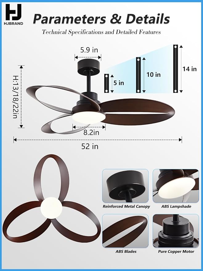 52 inch Ceiling Fans with Lights and Remote Black Strong Wind,special 3 Blades Noiseless Reversible DC Motor 6 Speeds with 3 CCT,for Patio Living Room Bedroom Office Indoor Outdoor,Black+Dark Walnut