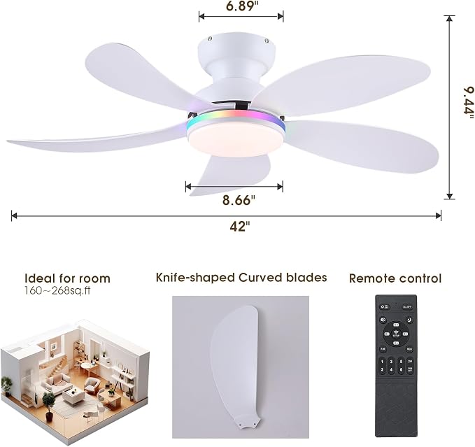PHORUS 42" White Modern Low Profile RGB Ceiling Fans with Lights and Remote | 14 RGB Modes,Supports Remote and APP,6 Wind Speeds, Reversible, Dimmable 3 CCT LED, 30W DC Motor,Suits for Bedroom Kidsroom
