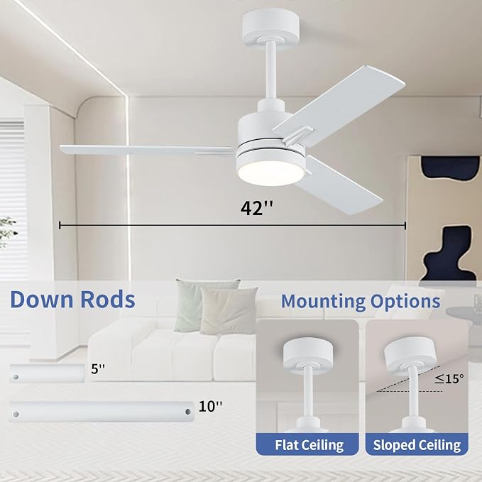 LANMEL 42 Inch Metal Ceiling Fan with Light, Modern Flush Mount Low Profile with Remote Control, Reversible, 3cct Dimmable, Quiet, White LED for Bedroom, Living Room, Indoor/Outdoor Patio Use