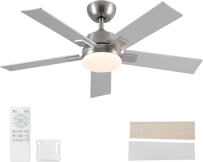 Rayqueen 42Inch Brushed Nickel Ceiling Fans with Lights and Remote,Downrod | 6 Speed Reversible DC motor,3-color temperature dimmable LED.For indoor/covered outdoor.Modern style for bedroom room