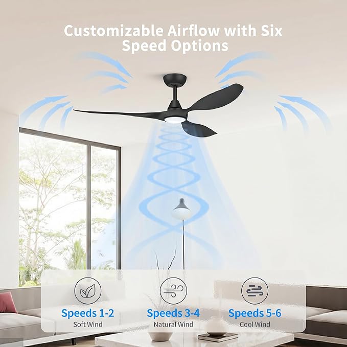 Roomratv Ceiling Fans with Lights, 52 Inch BLack Ceiling Fan, Remote Control,Quiet Reversible DC Motor,Dimmable,6 Speeds,Easy to Install,Modern Ceiling Fans for Bedroom,Living Room,Indoor,Outdoor