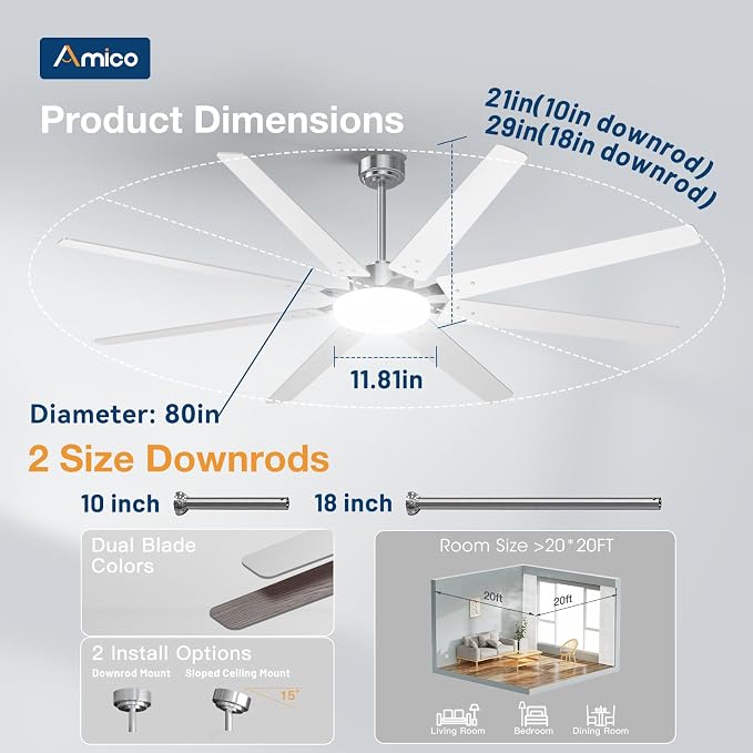 Amico 80 inch Ceiling Fans with Lights,Large Ceiling Fan with Lights and Remote Control, Dimmable, 6 Speed Reversible Quiet DC Motor, Nickel Modern Ceiling fan For Living Room, Bedroom, Kitchen, Patio