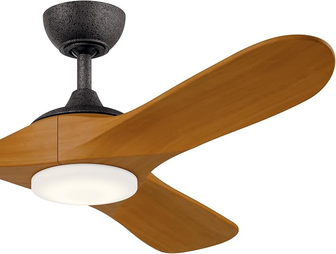 KICHLER Mylo 52 in Modern Ceiling Fan with Light and Remote, 6-Speed Damp Rated Indoor Outdoor Fan with Honey Maple Wood Blades and Satin Etched Opal Glass in Anvil Iron, 310552AVI