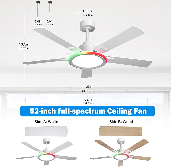 52" Ceiling Fans with Lights,Bluetooth Ceiling Fan with Speaker,6-Speed Reversible Motor,Full-Spectrum Adjustable Lighting,Edge Ambient Lights,Low Profile Ceiling Fan with Light and Remote/App Control