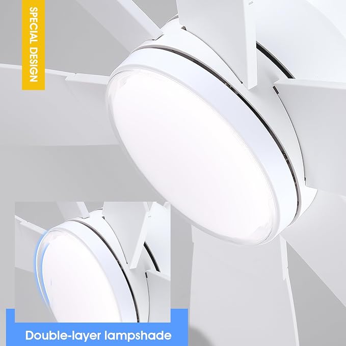 Kviflon 52 Inch Modern Ceiling Fans with Lights Remote Control, Low Profile Flush Mount, 6 Reversible Plastic Blades, 6 Speeds, 3CCT Dimmable LED Lights for Bedroom Kids Room, White