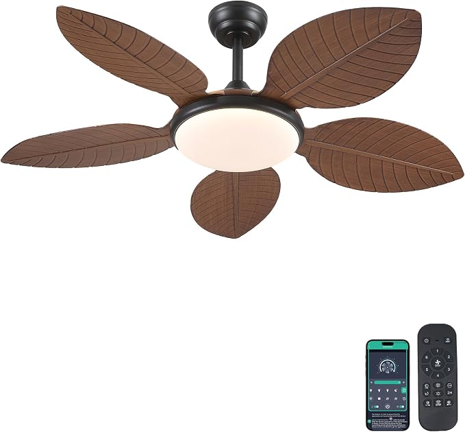 Wiviniya 48 Inch Tropical Ceiling Fans with Lights, Palm Leaf Outdoor Ceiling Fan with Light for Patios Porch Bedroom Living Room, Remote/APP Control, Reversible Quiet DC Motor, Dimmable LED, Brown