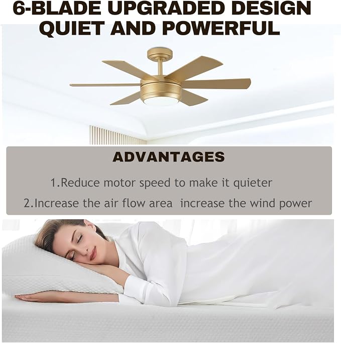 SHOWDI Gold Ceiling Fans with Lights and Remote, Easy Installation, 42 in | 2 Blade Color, Metal Material, App Remote Control, Timer, Reversible, 3CCT, Dimmable for Bedroom, Living room, Indoor