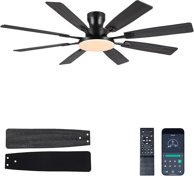 JSAITEE 60Inch Ceiling Fan with Lights Flush Mount Low Profile,Dark Grey | Ceiling Fans,DC Reversible Motor Noiseless, 3CCT Dimmable, Dual Finish, 6 Speeds Ceiling Fan for Indoor/Outdoor