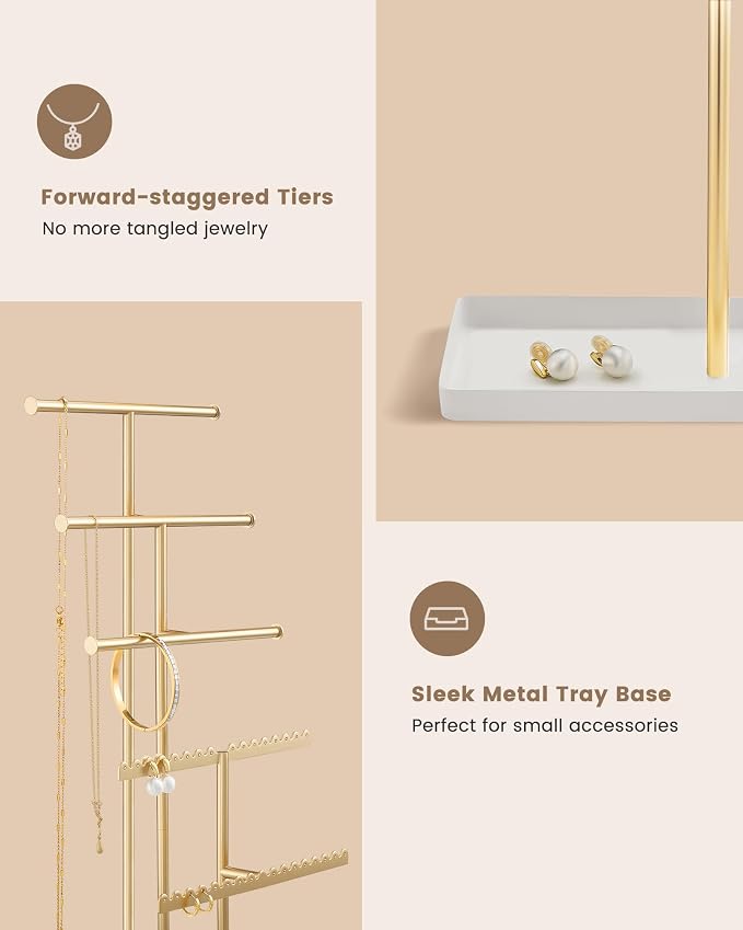 Lolalet 5-Tier Jewelry Organizer Stand, Metal Jewellery Holder, Dresser Display Rack for Necklace Earring Bracelets Rings, Gift for Women Girls -Gold