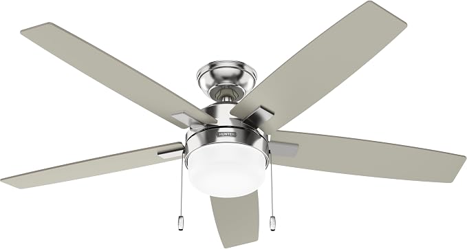 Hunter 52" Anisten Indoor Ceiling Fan, Light, Pull Chain, Brushed Nickel | WhisperWind whisper-quiet motor, DuraLight lens, and 3" downrod support bedrooms, offices, and great rooms year-round.