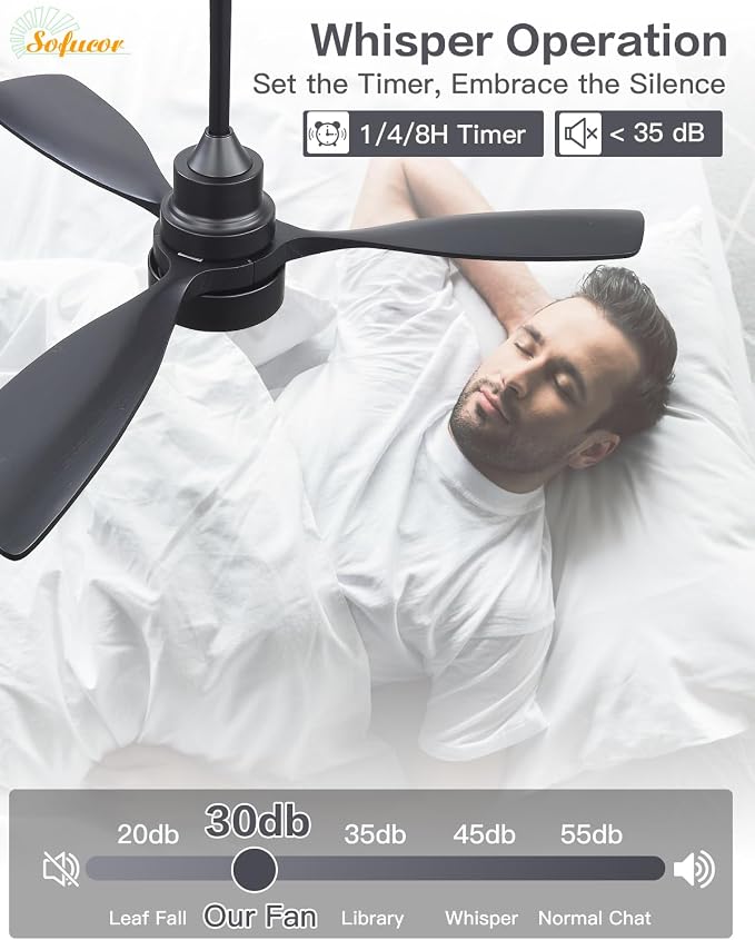Sofucor 48 Inch Ceiling Fan with Lights and Remote Control, Black | Flush Mount&Downrod Mount, Solid Wood Blade, 1/4/8 H Timer, Quiet DC Motor, Indoor Outdoor Bedroom/Living Room/Patio/Kitchen