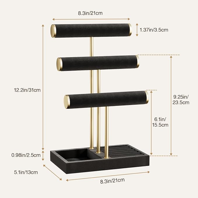 Jewelry Organizer Stand Display, 3 Tier Velvet Bracelet Holder, Black | Jewelry Organizers and Storage | Jewelry Tree | Jewelry Towers for Necklaces, Bracelets, Earrings, Rings