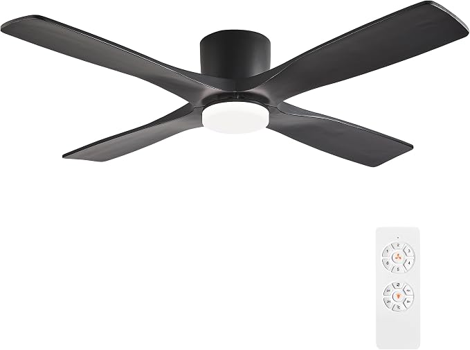 WINGBO 48 Inch Flush Mount DC Ceiling Fan with Lights and Remote, 4 Reversible Carved Wood Blades, 6-Speed Noiseless DC Motor, Hugger Ceiling Fan in Black Finish, Low Profile Ceiling Fans, ETL Listed