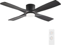 WINGBO 48 Inch Flush Mount DC Ceiling Fan with Lights and Remote, 4 Reversible Carved Wood Blades, 6-Speed Noiseless DC Motor, Hugger Ceiling Fan in Black Finish, Low Profile Ceiling Fans, ETL Listed