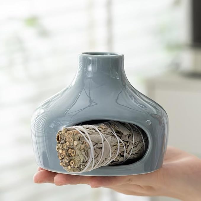 Handmade Ceramic Incense Bowl with Palo Santo Chimney Burner & Aroma Holder for Sage, Incense Sticks, Meditation, Yoga, Relaxation, Heat-Resistant Base Home Decor