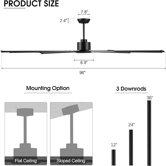 WINGBO Black Industrial Ceiling Fan No Light 96", 9 Aluminum Blades, 6 Speed Remote Control, Reversible DC Motor, for Home and Commercial Use, Living Room/Shop/Warehouse