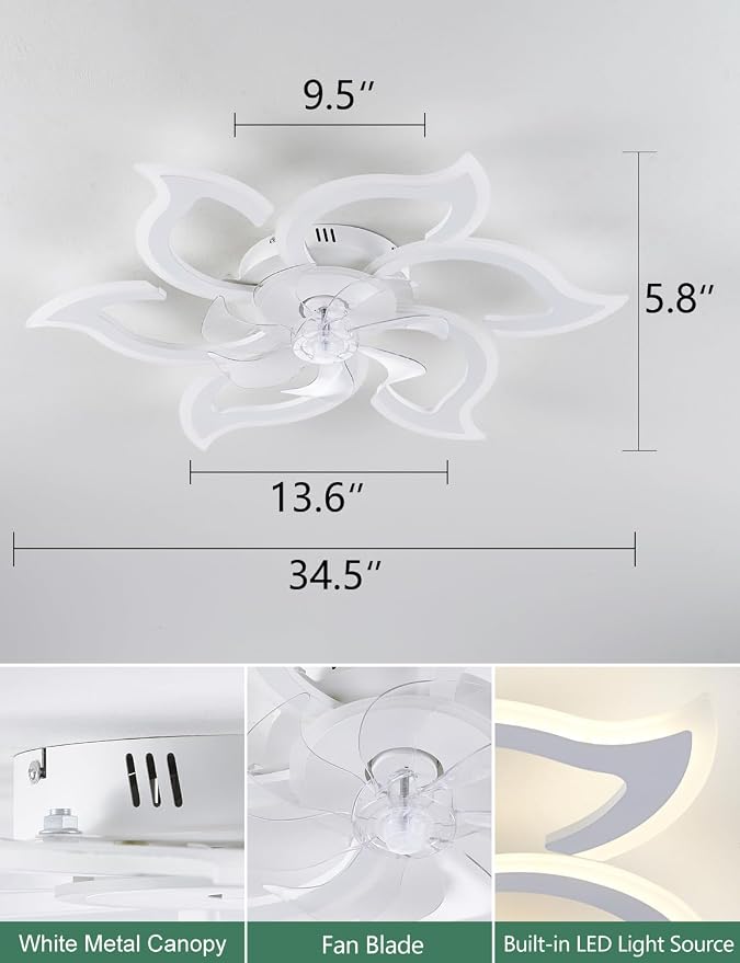Flower Ceiling Fans with Lights and Remote, 33.5 Inch Modern Low Profile Flush Mount Ceiling Fan, Dimmable LED Ceiling Light Fixture, Small Ceiling Fans for Bedroom, Kitchen, Indoor-White