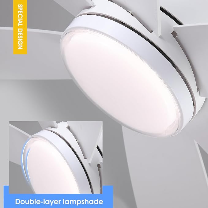 Kviflon 46 Inch Modern Ceiling Fans with Lights Remote Control, Low Profile Ceiling Fan, 6 Reversible Plastic Blades, 6 Speeds 3 CCT Dimmable LED Lights Double Lampshade for Bedroom Living Room, White