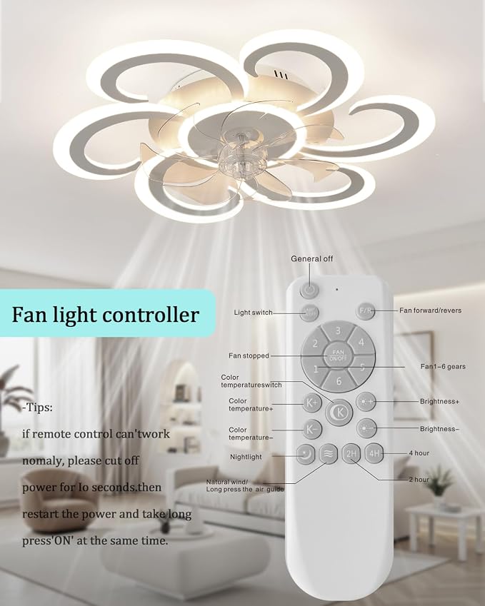 24" White Flower Ceiling Fan with Light Remote Control, 3 Light Color 6 Speeds Flush Mount Low Profile Ceiling Fan for Bedroom Kitchen