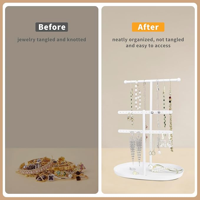 Saydear 3-Tier Jewelry Organizer Stand, Earring Holder Necklace Tree | White Metal Earring Rails With Top Necklace Bar, Oval Tray Base, Ideal Vanity Dresser Decor, Gift For Her