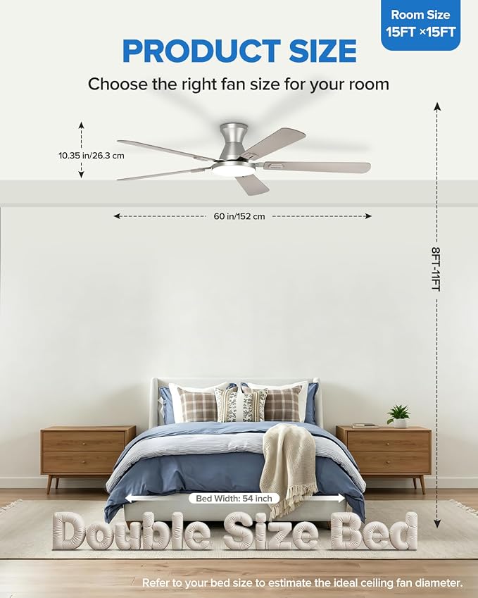 UME 60" Ceiling Fan with Lights & Remote, 6 Blades Low Profile Ceiling Fan, Quiet DC Motor, Natural Wind, 6 Speeds, 3CCT Dimmable 20W LED Modern Ceiling Fan for Bedroom, Living Room, Nickel