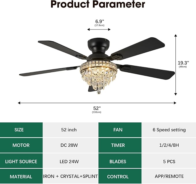 52“ Crystal Ceiling Fans with RGB Lights, Remote/App Control, Modern Fandelier Ceiling Fan Flush Mount, Reversible DC Motor, Dimmable, Bedroom Chandelier Fan, (Black)