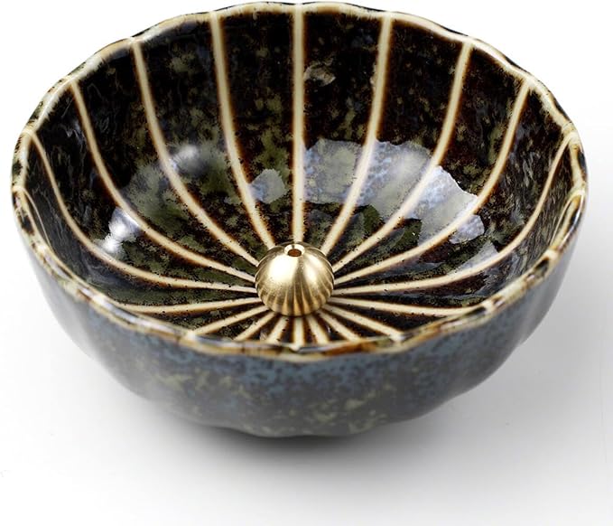 Asayu Japan Lotus Incense Holder for Sticks 4.1 inch (105mm), Traditional Made in Japan Ceramic Ash Catcher and Brass Incense Burner Set - Green Lotus