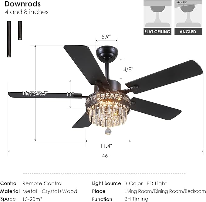 52" Chandelier Crystal Ceiling Fans with Lights and Remote/APP Control | Supports Remote and APP,Reversible 6 Wind Speeds,30W Quiet DC Motor,6 Wood Blades,Dimmable 30W LED,Suits for Bedroom Kitchen