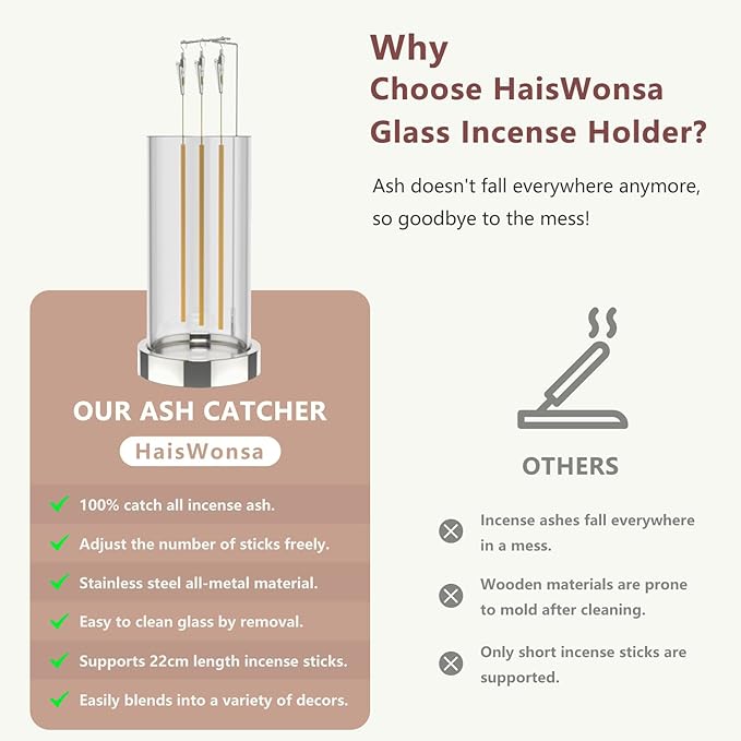 Incense Holder Ash Catcher - Upside Down Glass Incense Holder for Sticks, Reverse Inverted Anti Ash No Mess Insence-Stick Holder, Modern Metal Vertical Incense Burner for Room Decor, Silver