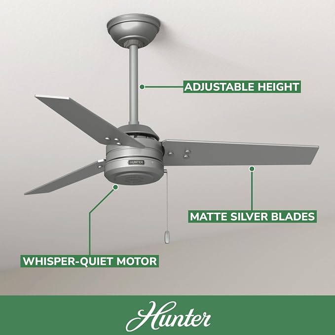 Hunter Cassius, Outdoor or Indoor, Ceiling Fan, 44 inch, Matte Silver | Covered patios and porches get a no-light design, droop-free blades, and compact scale for offices or small rooms.