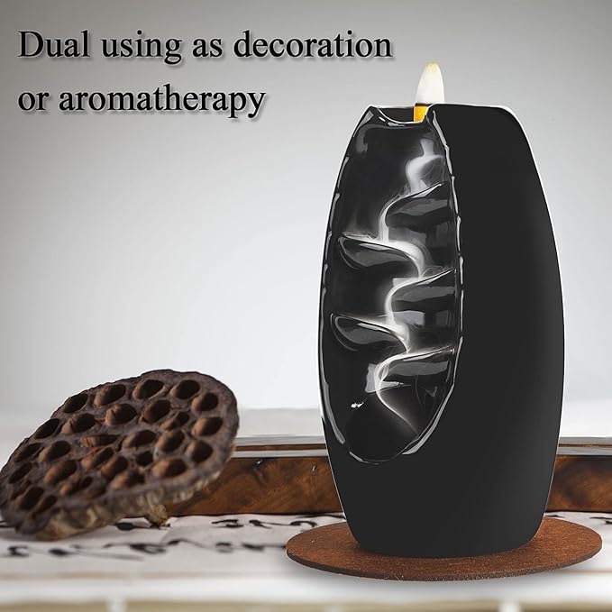 SPACEKEEPER Backflow Incense Holder Ceramic Incense Burner Waterfall, Aromatherapy Ornament Home Decor with 120 Backflow Incense Cones & 30 Incense Stick, Jet Black