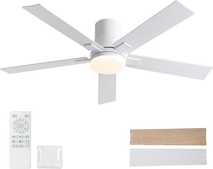 Rayqueen 52 Inch Flush Mount White Ceiling Fans with Lights and Remote | 6 Speed Reversible DC motor,3-color temperature dimmable LED.For indoor/covered outdoor.Modern style for bedroom room