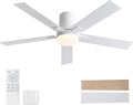 Rayqueen 52 Inch Flush Mount White Ceiling Fans with Lights and Remote | 6 Speed Reversible DC motor,3-color temperature dimmable LED.For indoor/covered outdoor.Modern style for bedroom room