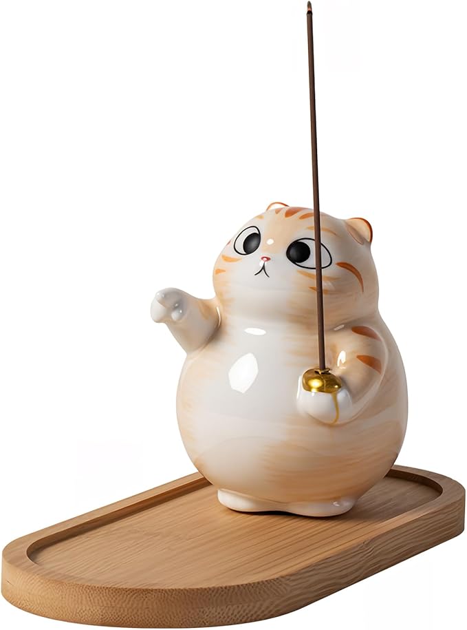 Cat Incense Holder - Cute Ceramic Incense Burner with Bamboo Ash Catcher Tray, Orange Tabby Cat Meditation Decor for Home Office, Zen Desk Accessories (3.4" L x 2.8" W x 3.5" H)