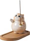 Cat Incense Holder - Cute Ceramic Incense Burner with Bamboo Ash Catcher Tray, Orange Tabby Cat Meditation Decor for Home Office, Zen Desk Accessories (3.4" L x 2.8" W x 3.5" H)