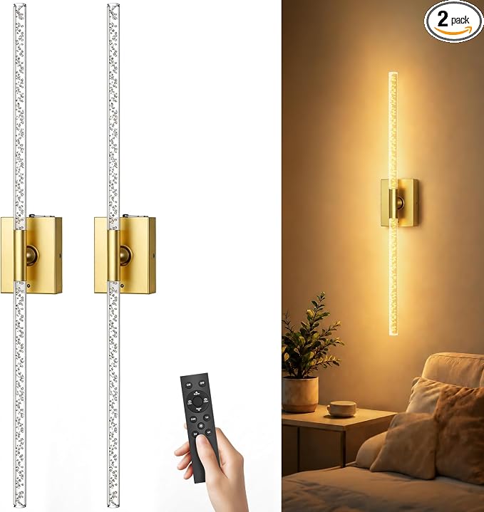 iThird Crystal Bubble Gold Wall Sconces Set of 2: 10000mAh Rechargeable Wireless Lights with Remote & 360° Rotate, 4 Color Temps Dimmable, 31" Lamp Decor for Bedroom Living Room Mirror