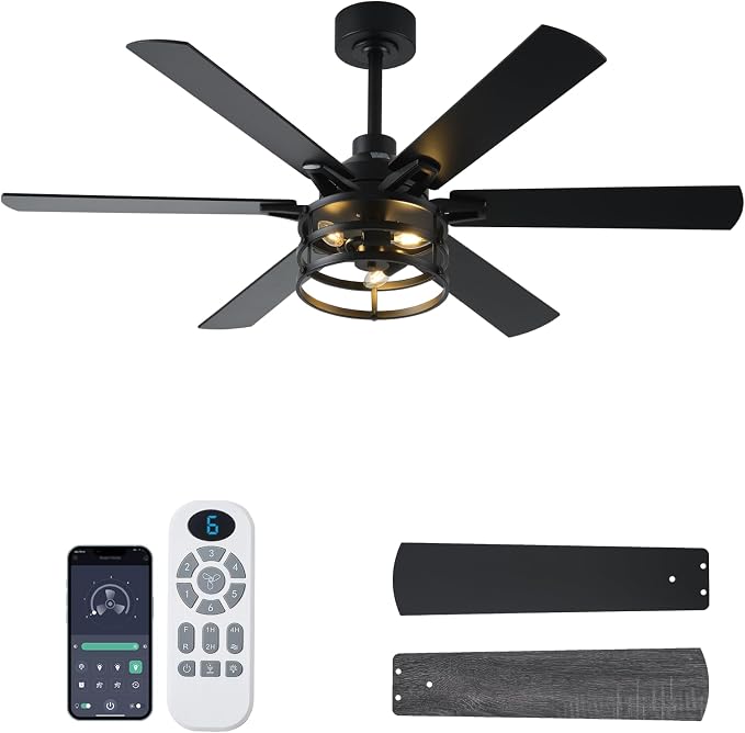 NKPU 52 Inch Farmhouse Ceiling Fan with Light and Remote, Black Industrial Caged Rustic Ceiling Fan with 6 Speed Reversible Motor and Dual Finish 6 Blades, Rustic Ceiling Fan for Living