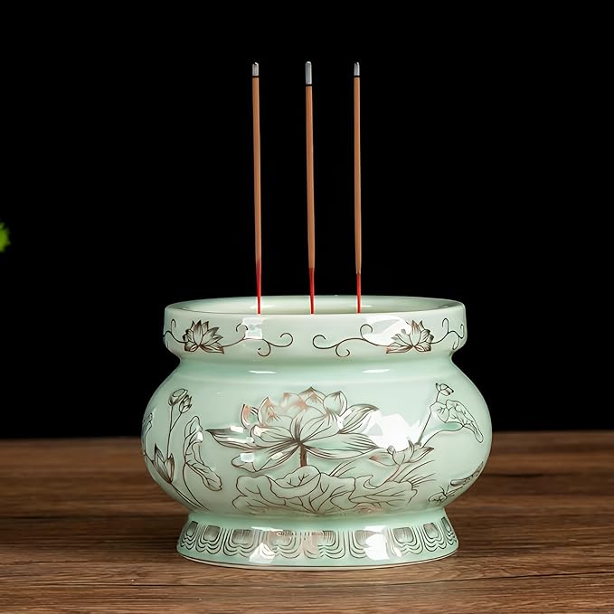 Qinlang Small Green Ceramic Buddhist Incense Burner Bowl, Buddha Incense Holder for Stick - 4 Inches