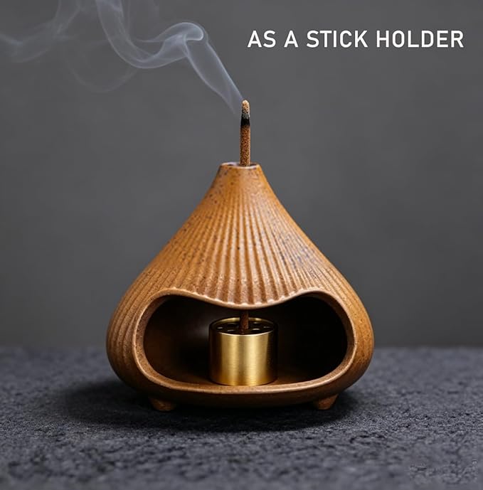 Ceramic Incense Holder, Mini Palo Santo Burner Chimney for Palo Santo Sticks, Cone Incense and Sage Smudging, Handmade Cone Incense Holder Burner for Yoga, Meditation, and Energy Cleansing (Brown 02)
