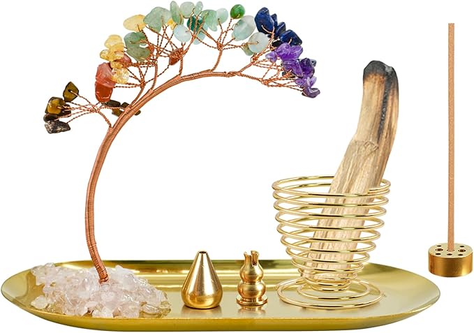 5 in 1 Incense Burner, 7 Chakra Crystal Tree Incense Holder Palo Santo Holder Sage Burner for Incense Sticks Brass Ash Catcher for Yoga Meditation Home Decor