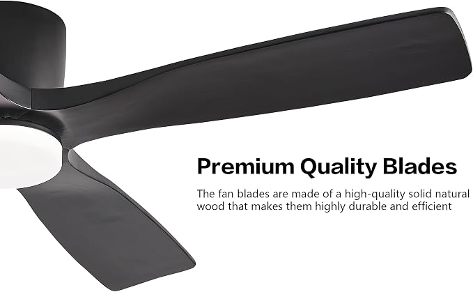 WINGBO 48 Inch Flush Mount DC Ceiling Fan with Lights and Remote, 4 Reversible Carved Wood Blades, 6-Speed Noiseless DC Motor, Hugger Ceiling Fan in Black Finish, Low Profile Ceiling Fans, ETL Listed